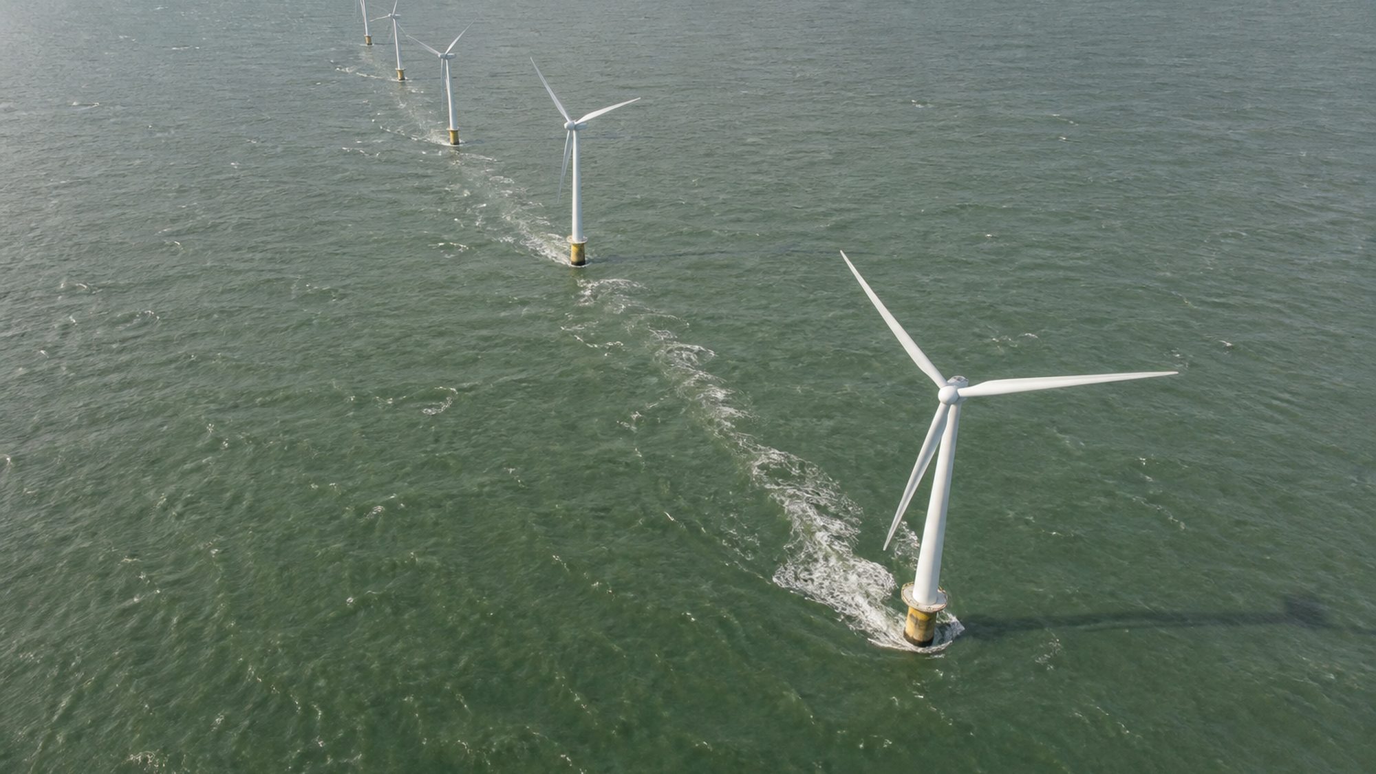 Rij windturbines in zee met witte schuimsporen aan de voet