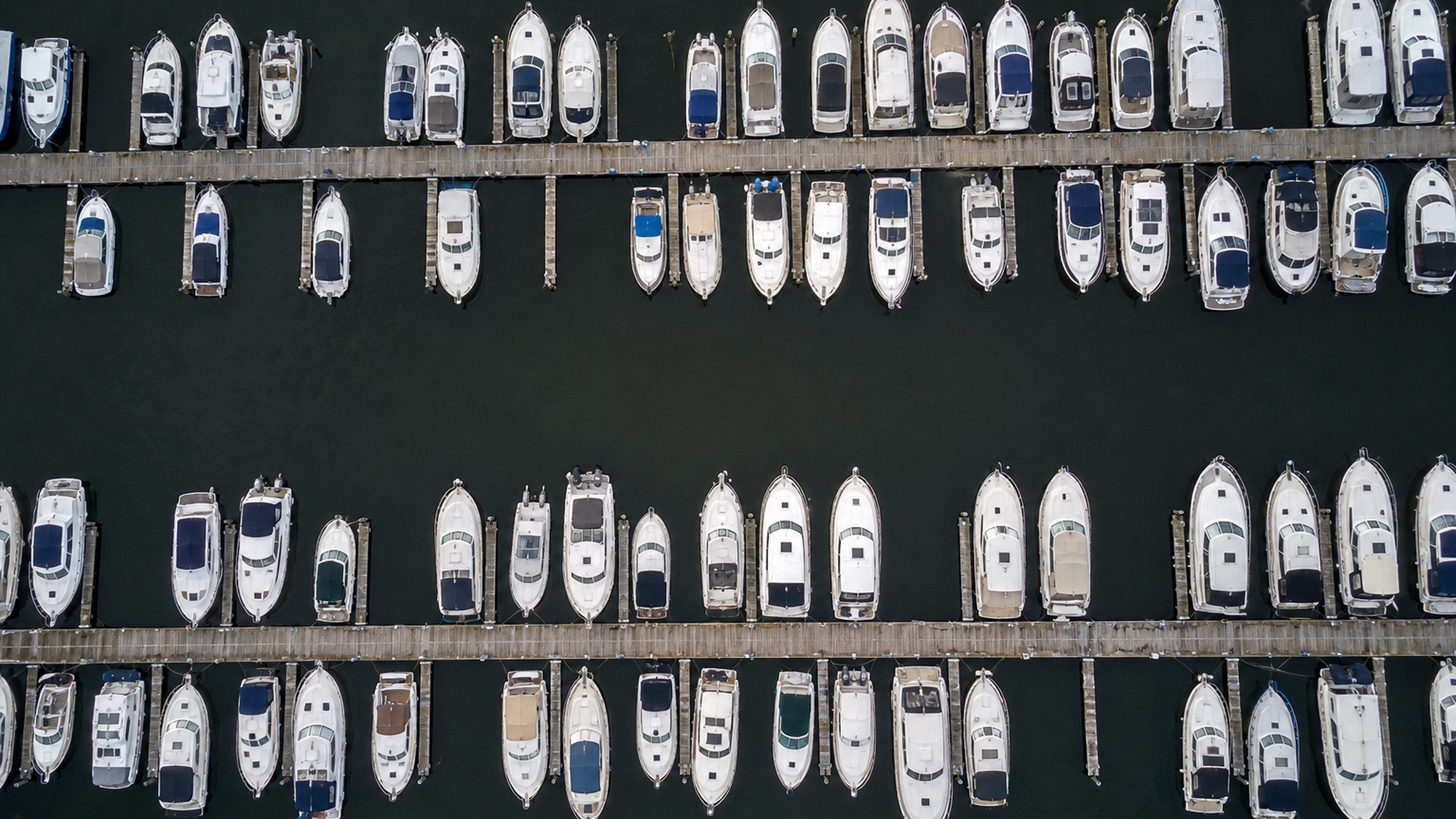 Jachthaven recht van boven met witte boten in rijen langs de steigers