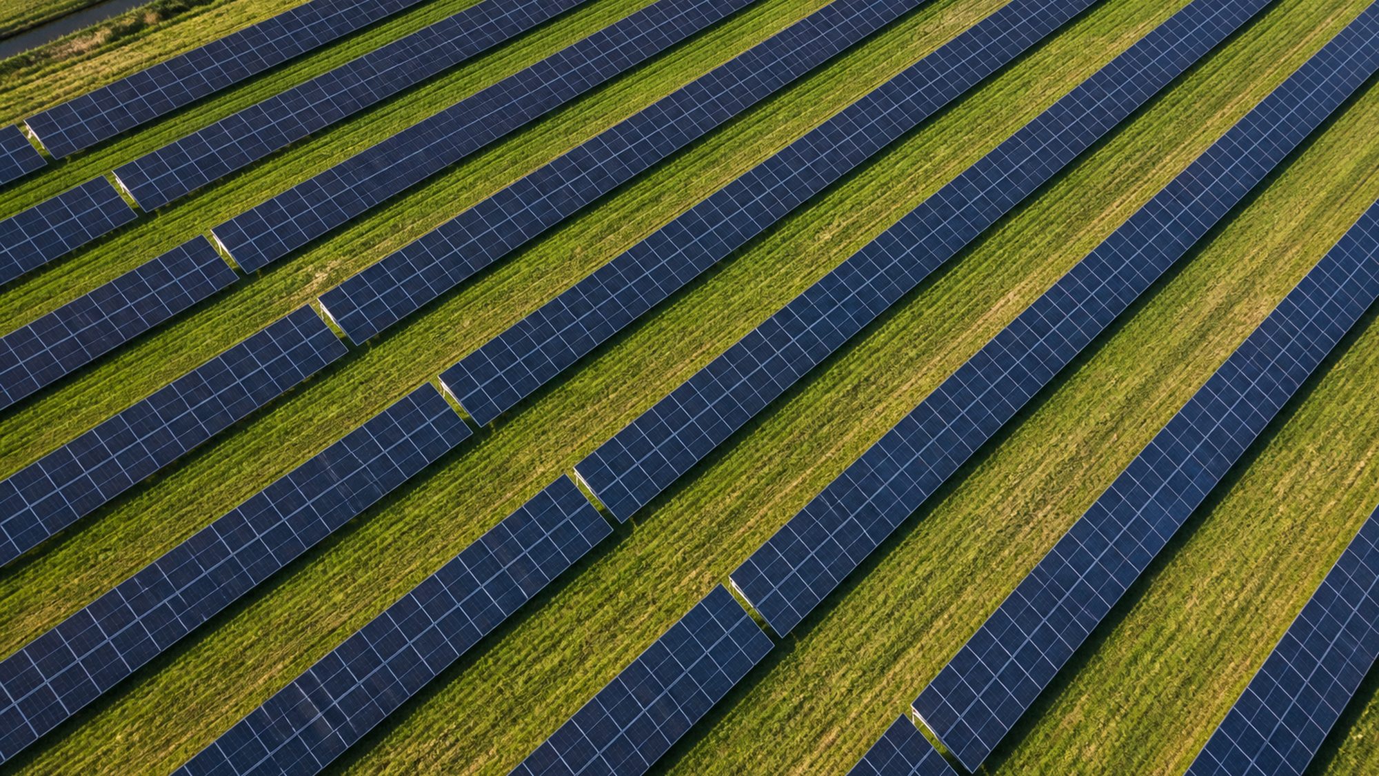 Zonnepark van bovenaf met lange rijen donkere panelen in het gras