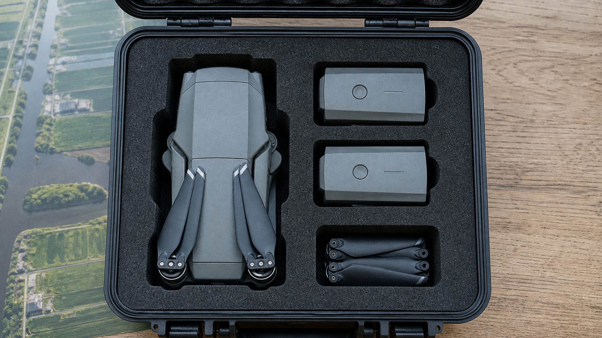 Open dronekoffer met toestel, twee reserveaccu’s en propellers in het schuim