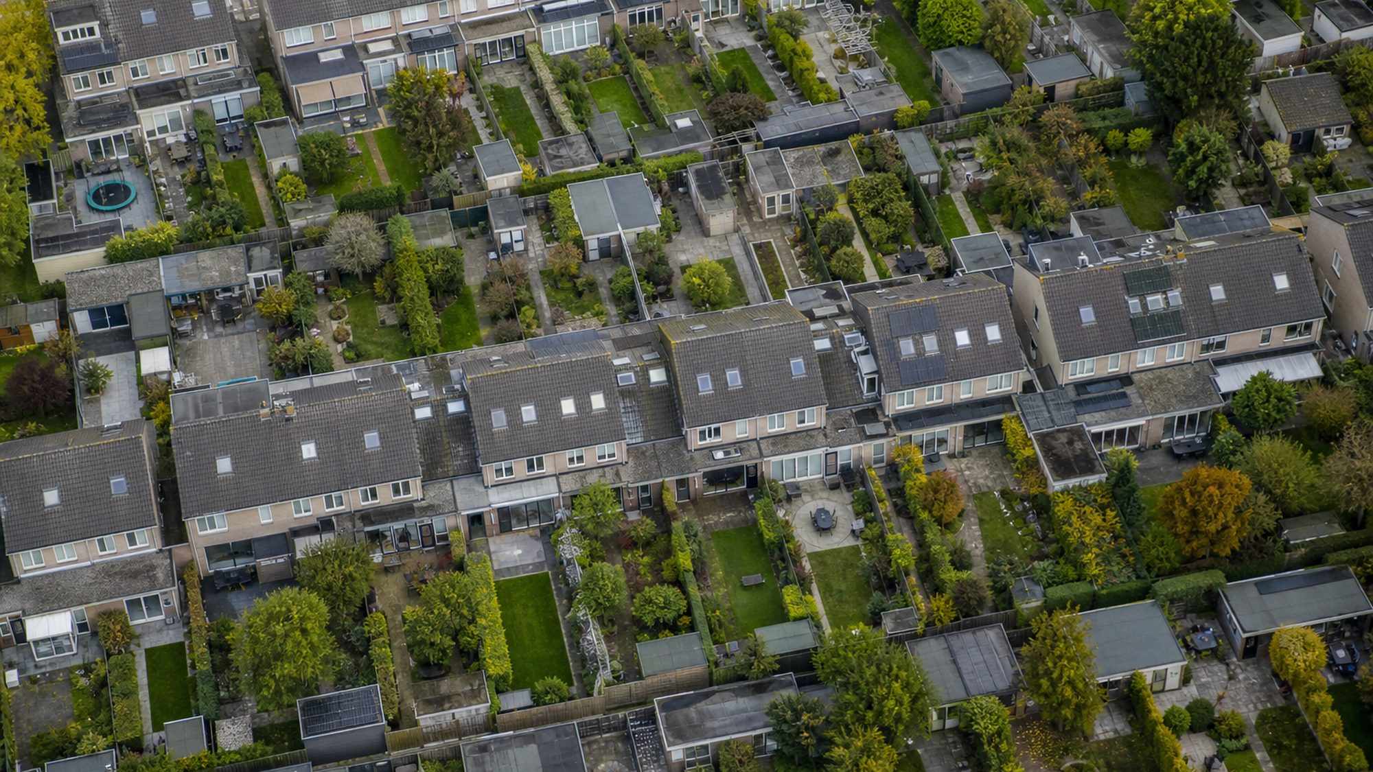 Woonwijk van bovenaf met achtertuinen, hagen en schuurtjes