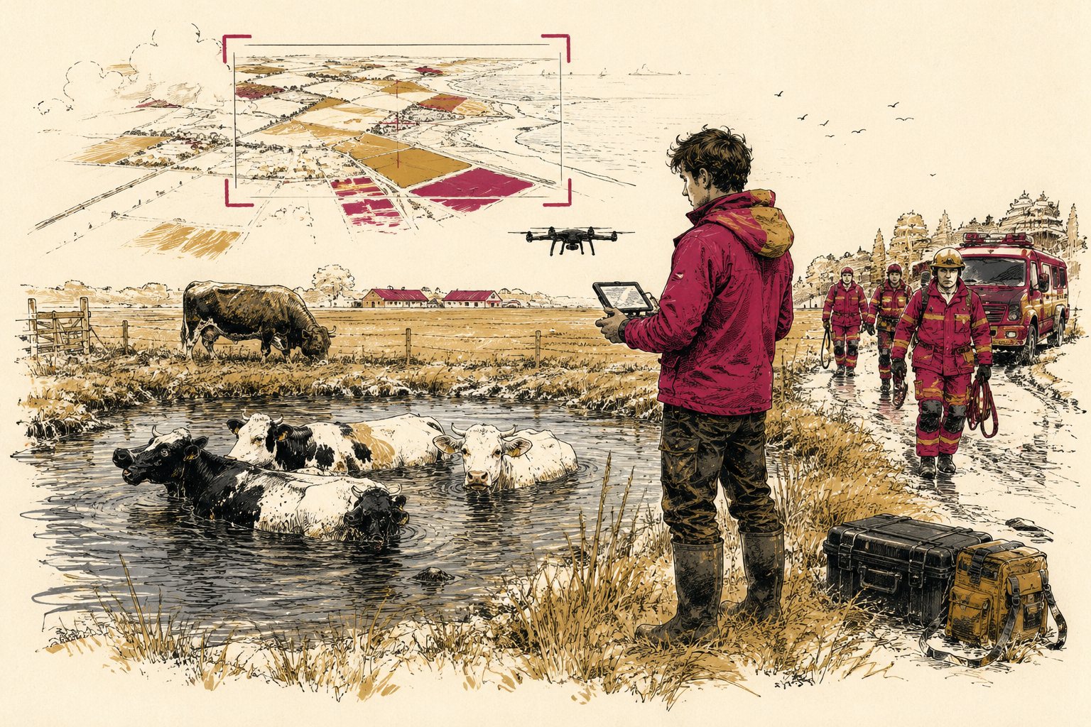 Dronepiloot kijkt naar zijn controller terwijl zijn drone boven een waterput met koeien hangt