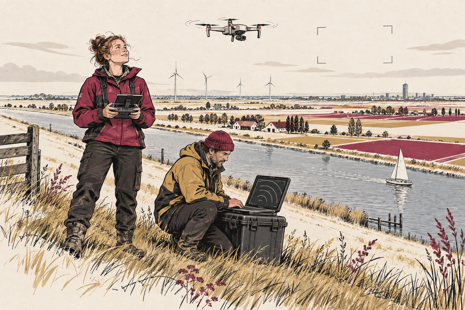 Illustratie van twee inspecteurs op een dijk met een laag vliegende drone en een laptop met radarbeelden
